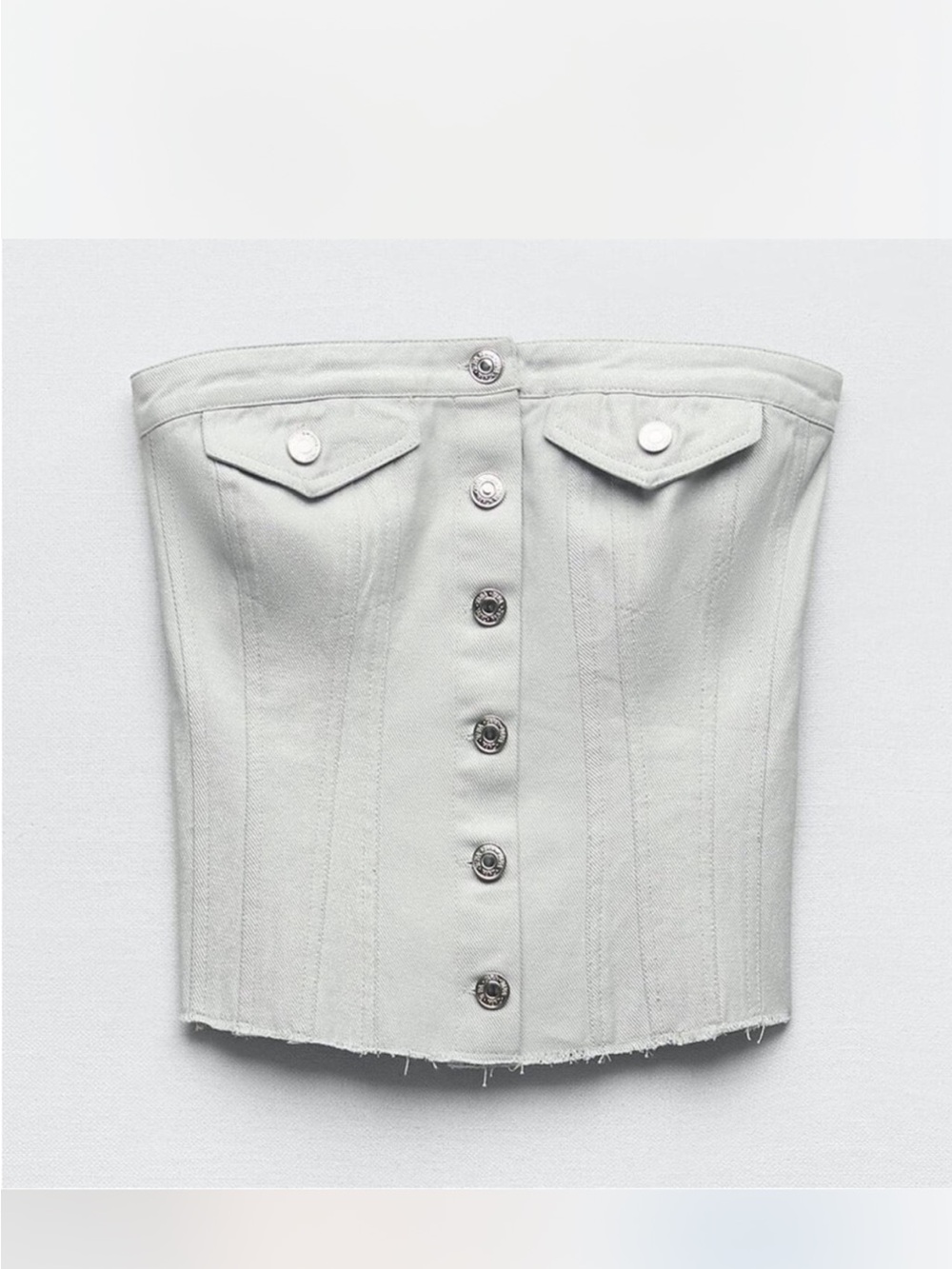 NEW light blue zara denim raw hem corset button up strapless top